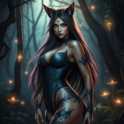 A striking fantasy scene featuring a sexy woman with cat-like features, such as ears and a tail, exuding an alluring presence