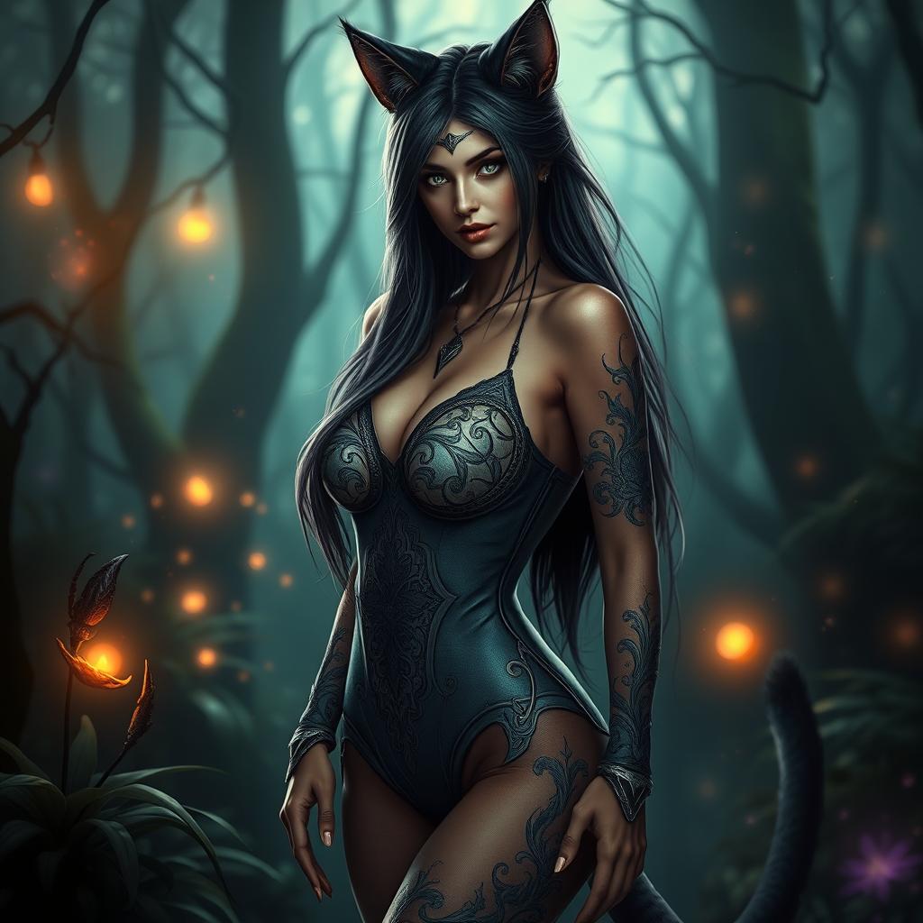A striking fantasy scene featuring a sexy woman with cat-like features, such as ears and a tail, exuding an alluring presence
