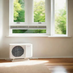 A sleek, contemporary air conditioner installed in a well-lit room, actively providing cool and fresh air.