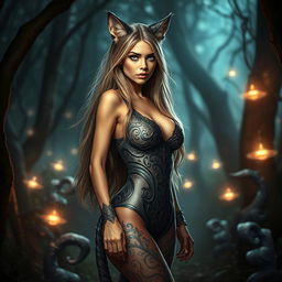 A striking fantasy scene featuring a sexy woman with cat-like features, such as ears and a tail, exuding an alluring presence