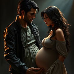A realistic depiction of a dark romance scene between a rugged man and a pregnant woman, set in a dimly lit, atmospheric environment that emphasizes their forbidden love