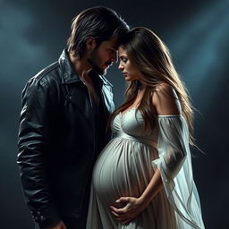 A realistic depiction of a dark romance scene between a rugged man and a pregnant woman, set in a dimly lit, atmospheric environment that emphasizes their forbidden love