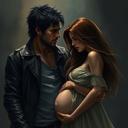 A realistic depiction of a dark romance scene between a rugged man and a pregnant woman, set in a dimly lit, atmospheric environment that emphasizes their forbidden love