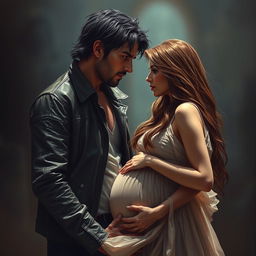 A realistic depiction of a dark romance scene between a rugged man and a pregnant woman, set in a dimly lit, atmospheric environment that emphasizes their forbidden love