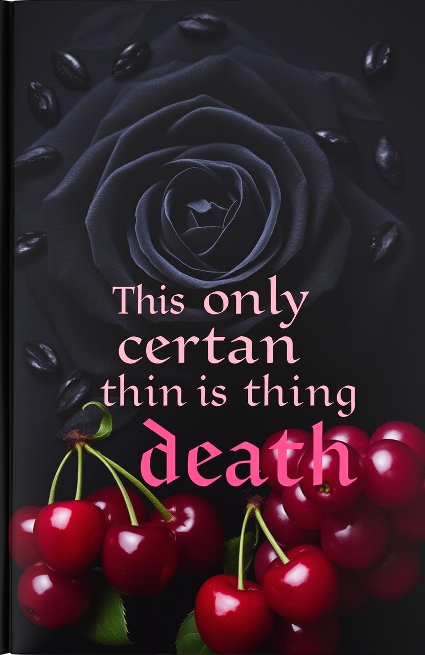 A dark cover featuring a striking black rose with intricate details and black kisses scattered in the background