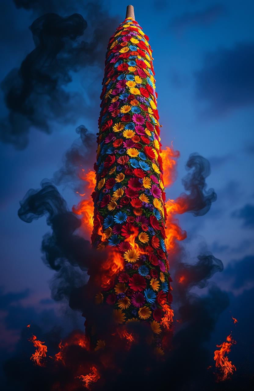 A surreal scene depicting a towering structure made entirely of vibrant flowers, towering high into the sky
