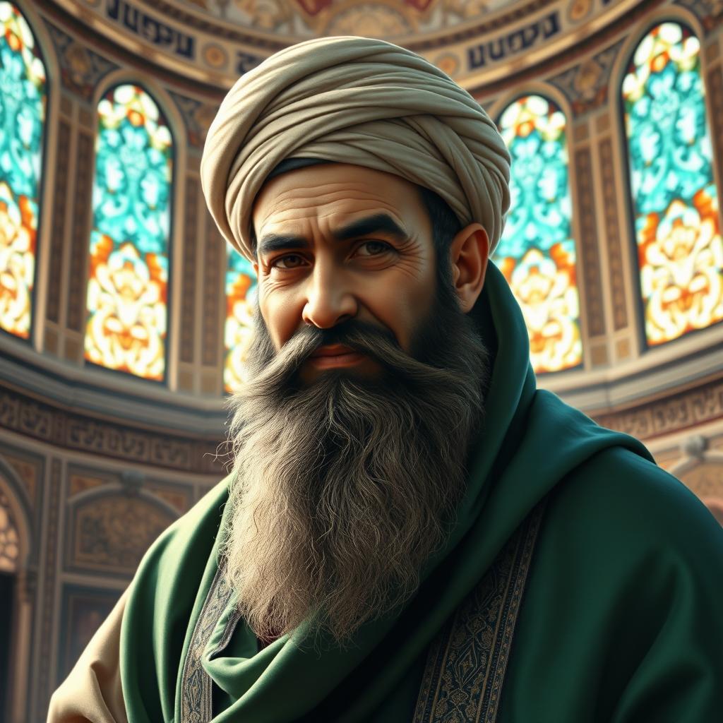 A highly detailed and respectful portrait of Imam Ali, the first imam of the Shiites