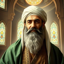 A highly detailed and respectful portrait of Imam Ali, the first imam of the Shiites