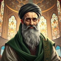 A highly detailed and respectful portrait of Imam Ali, the first imam of the Shiites