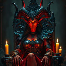 A captivating demon queen with glowing red skin and large majestic horns, adorned in elaborate armor made of dark metal and embellished with ancient runes