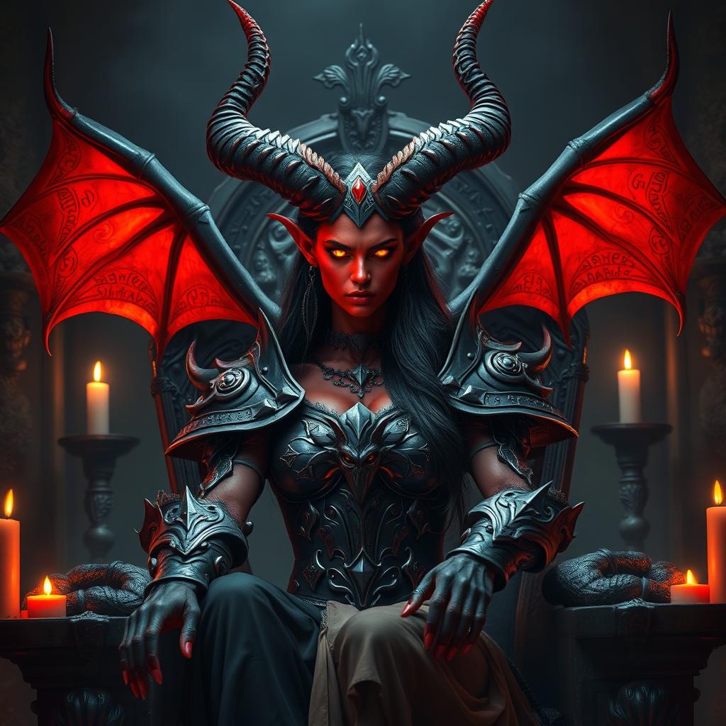A captivating demon queen with glowing red skin and large majestic horns, adorned in elaborate armor made of dark metal and embellished with ancient runes