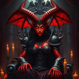 A captivating demon queen with glowing red skin and large majestic horns, adorned in elaborate armor made of dark metal and embellished with ancient runes