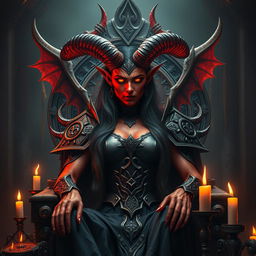 A captivating demon queen with glowing red skin and large majestic horns, adorned in elaborate armor made of dark metal and embellished with ancient runes