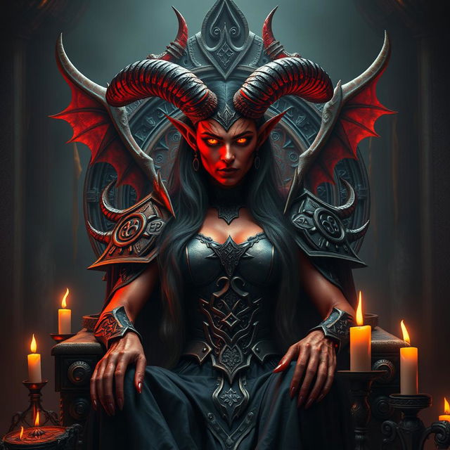 A captivating demon queen with glowing red skin and large majestic horns, adorned in elaborate armor made of dark metal and embellished with ancient runes