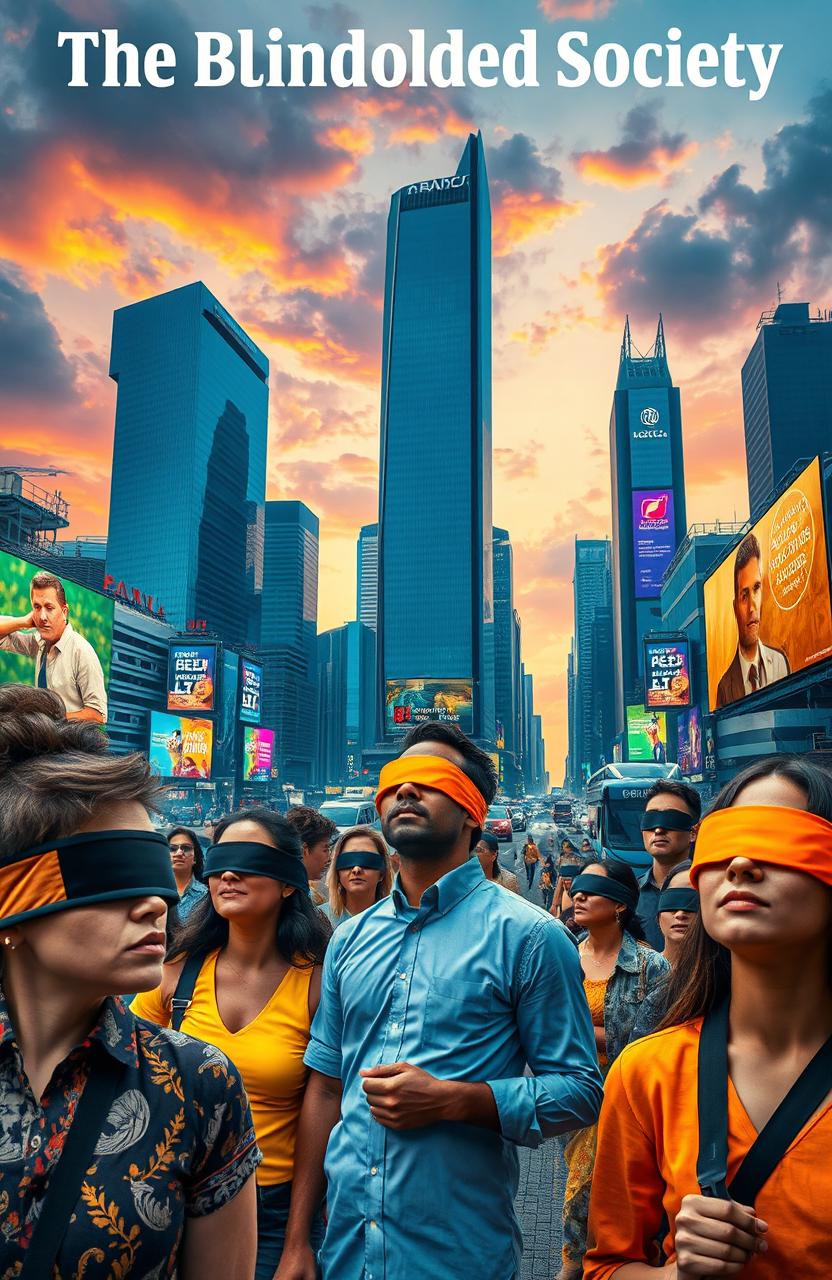 A thought-provoking and surreal scene representing 'The Blindfolded Society' where a diverse group of people are blindfolded, living in a bustling city that symbolizes progress and innovation