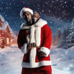 Hip hop artist Kanye West dressed in a joyful Santa Claus costume, his face beaming with a playful smile, holding a glistening bag brimming with gifts, standing in a magical, snowy night scene.