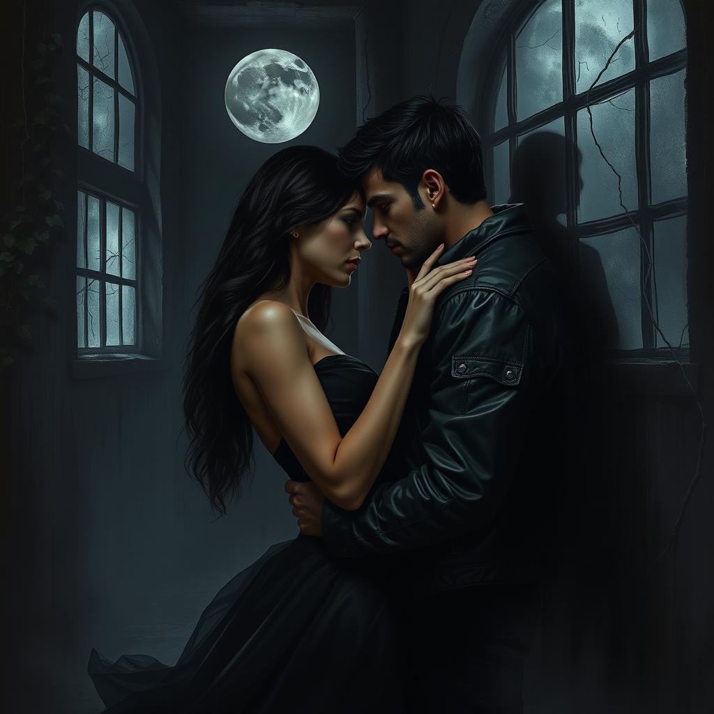 A realistic depiction of dark romance between two lovers in a forbidden relationship, set in an atmospheric, moody environment