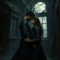 A realistic depiction of dark romance between two lovers in a forbidden relationship, set in an atmospheric, moody environment
