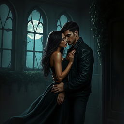 A realistic depiction of dark romance between two lovers in a forbidden relationship, set in an atmospheric, moody environment