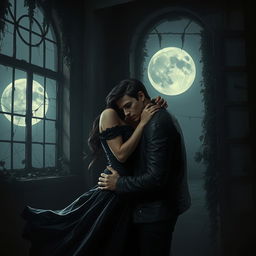 A realistic depiction of dark romance between two lovers in a forbidden relationship, set in an atmospheric, moody environment