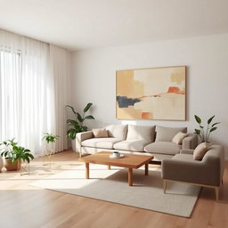 A stylish and minimalist living room, featuring a sleek, modern sofa in neutral tones, a simple wooden coffee table placed asymmetrically, and a large abstract painting on the wall that adds a splash of color