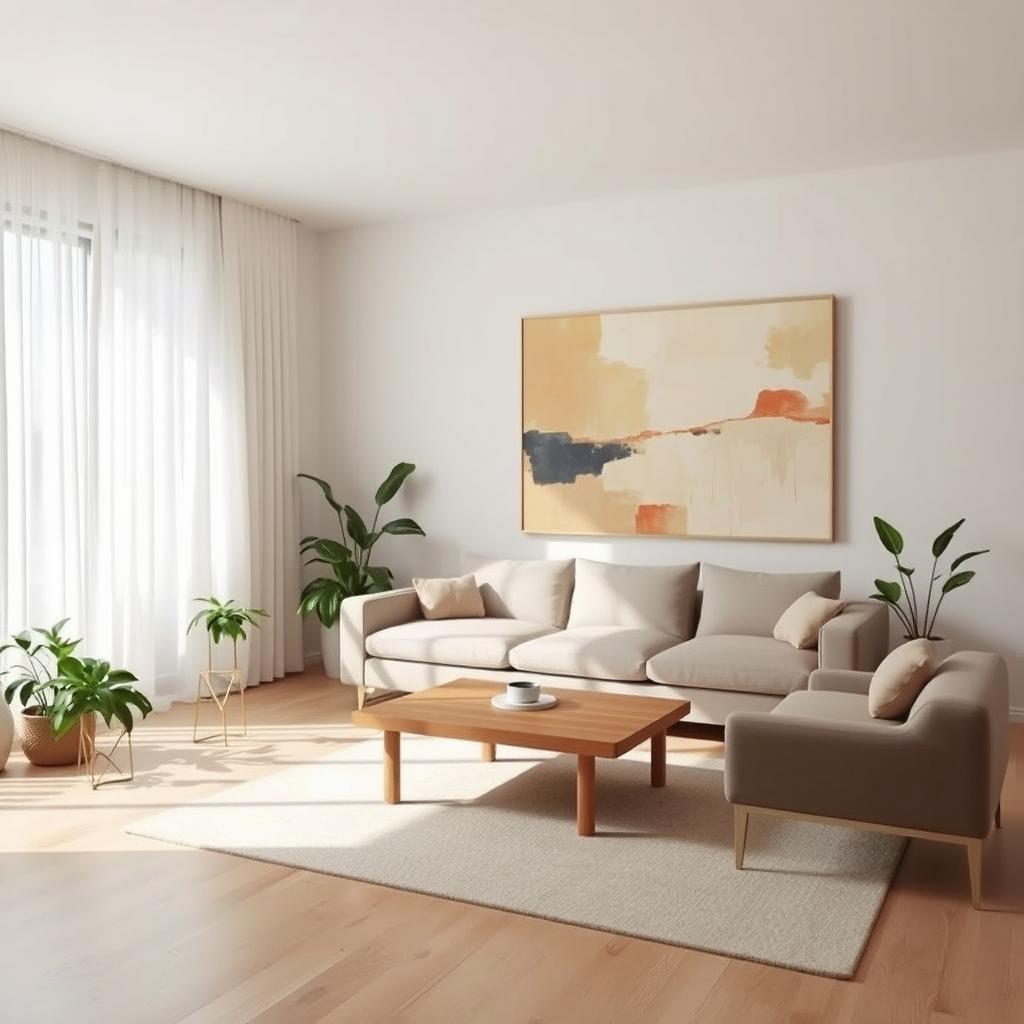 A stylish and minimalist living room, featuring a sleek, modern sofa in neutral tones, a simple wooden coffee table placed asymmetrically, and a large abstract painting on the wall that adds a splash of color