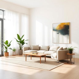 A stylish and minimalist living room, featuring a sleek, modern sofa in neutral tones, a simple wooden coffee table placed asymmetrically, and a large abstract painting on the wall that adds a splash of color