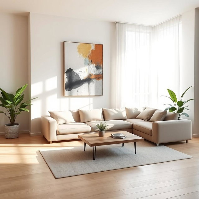 A stylish and minimalist living room, featuring a sleek, modern sofa in neutral tones, a simple wooden coffee table placed asymmetrically, and a large abstract painting on the wall that adds a splash of color
