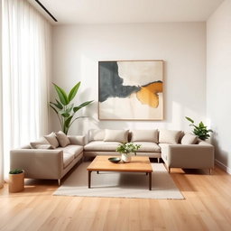 A stylish and minimalist living room, featuring a sleek, modern sofa in neutral tones, a simple wooden coffee table placed asymmetrically, and a large abstract painting on the wall that adds a splash of color