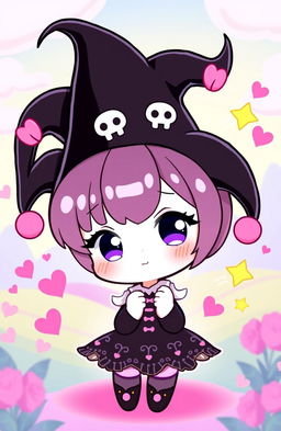A cute, stylized character design of Kuromi, a Sanrio character, featuring her signature black jester hat adorned with pink skull details