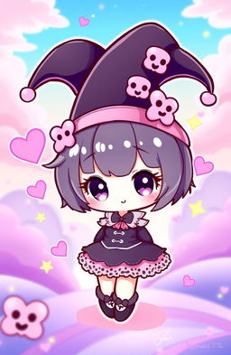 A cute, stylized character design of Kuromi, a Sanrio character, featuring her signature black jester hat adorned with pink skull details
