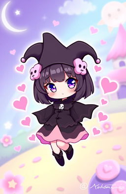 A cute, stylized character design of Kuromi, a Sanrio character, featuring her signature black jester hat adorned with pink skull details