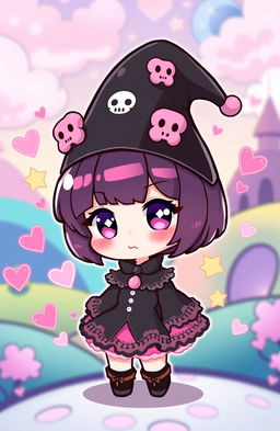 A cute, stylized character design of Kuromi, a Sanrio character, featuring her signature black jester hat adorned with pink skull details