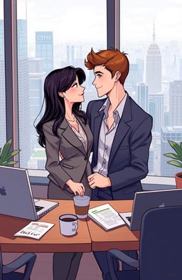 A heartwarming illustration of two childhood friends who have become lovers, surrounded by the challenges of managing their own business empires