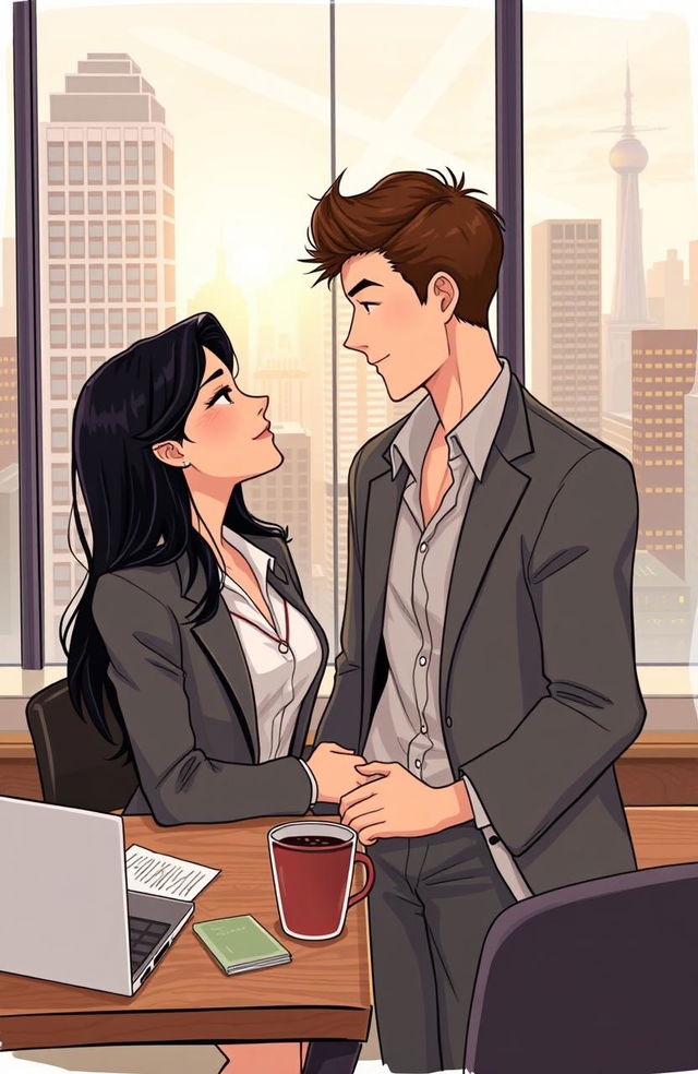 A heartwarming illustration of two childhood friends who have become lovers, surrounded by the challenges of managing their own business empires