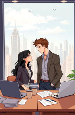 A heartwarming illustration of two childhood friends who have become lovers, surrounded by the challenges of managing their own business empires