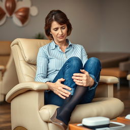 A 40-year-old office woman sitting in a comfortable beige recliner chair at a pedicure salon