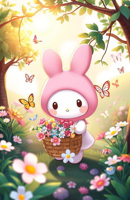 A cute and whimsical scene featuring My Melody, a lovable Sanrio character, in a fantastical garden