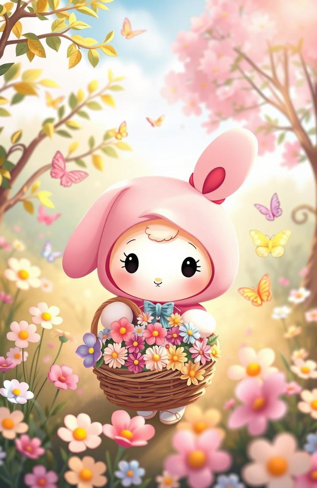 A cute and whimsical scene featuring My Melody, a lovable Sanrio character, in a fantastical garden