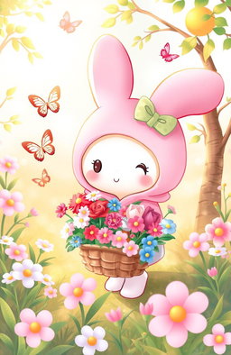 A cute and whimsical scene featuring My Melody, a lovable Sanrio character, in a fantastical garden