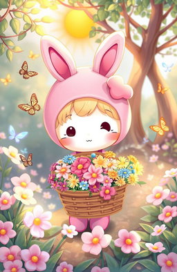 A cute and whimsical scene featuring My Melody, a lovable Sanrio character, in a fantastical garden