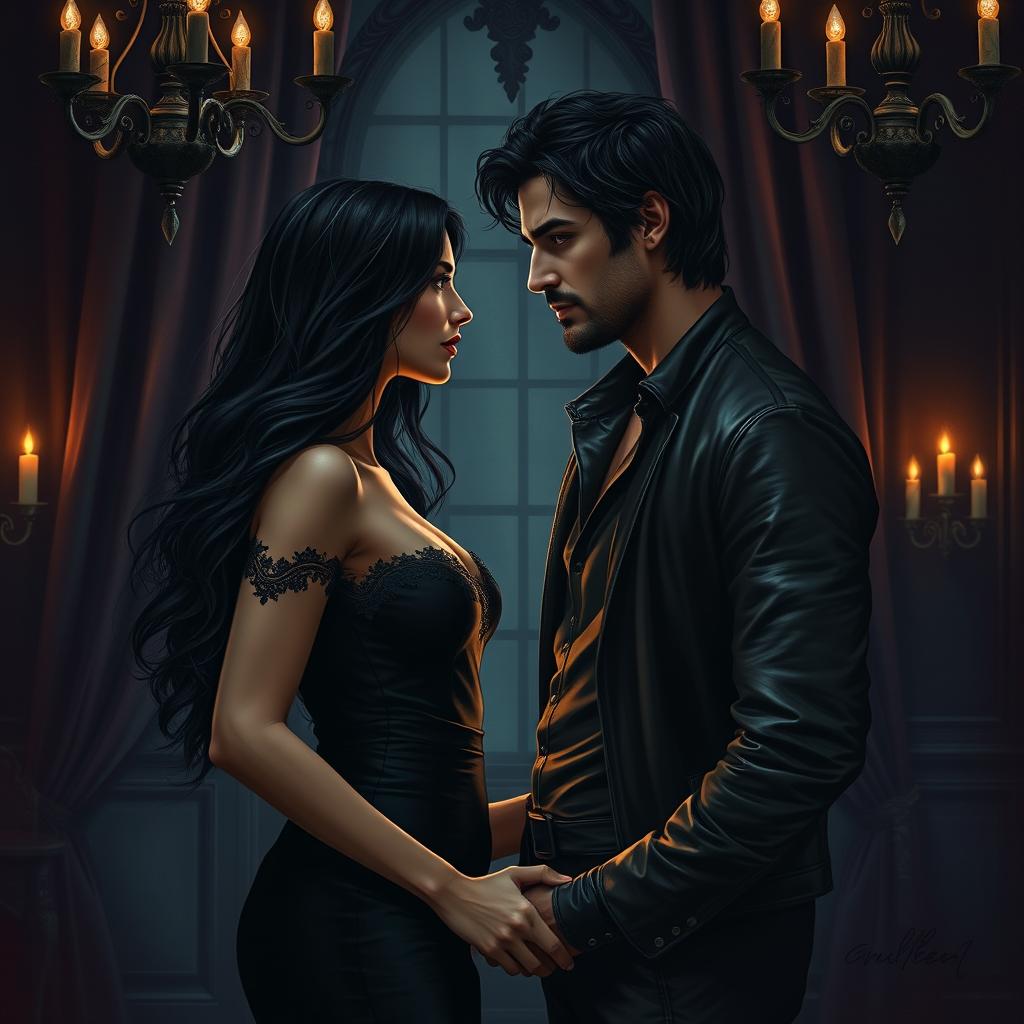 A realistic depiction of a dark romance scene between two lovers in a forbidden relationship