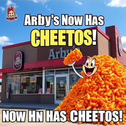 A humorous meme showcasing an Arby’s restaurant with a playful twist: a giant pile of Cheetos prominently featured in front of the restaurant