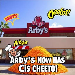 A humorous meme showcasing an Arby’s restaurant with a playful twist: a giant pile of Cheetos prominently featured in front of the restaurant