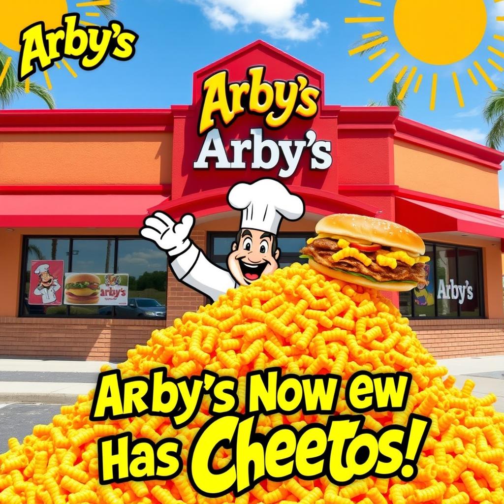 A humorous meme showcasing an Arby’s restaurant with a playful twist: a giant pile of Cheetos prominently featured in front of the restaurant