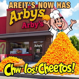 A humorous meme showcasing an Arby’s restaurant with a playful twist: a giant pile of Cheetos prominently featured in front of the restaurant