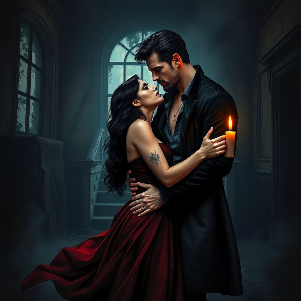 A realistic representation of a dark romance scene illustrating forbidden love