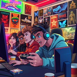 A vibrant and dynamic illustration depicting an intense gaming scene featuring a group of diverse gamers intensely focused on their screens, their expressions a mix of concentration and excitement
