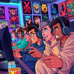 A vibrant and dynamic illustration depicting an intense gaming scene featuring a group of diverse gamers intensely focused on their screens, their expressions a mix of concentration and excitement