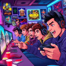 A vibrant and dynamic illustration depicting an intense gaming scene featuring a group of diverse gamers intensely focused on their screens, their expressions a mix of concentration and excitement